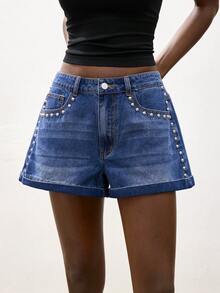 Maija Quần short denim nữ mùa hè kiểu dáng thường ngày, đính đinh tán. - Màu xanh lam - Xem 8