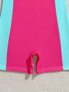 SHEIN 少女撞色拉链防晒衣，适合冲浪、运动游泳、夏季、海滩、泳池、度假 - 彩色 - 查看 5