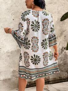 Đầm nữ cỡ lớn mùa xuân/hè in họa tiết hoa, cổ chữ V, kiểu bohemian, tay loe, phối ren, gấu đầm xếp ly, thoải mái, thích hợp cho kỳ nghỉ. - xanh quân đội - Xem 2