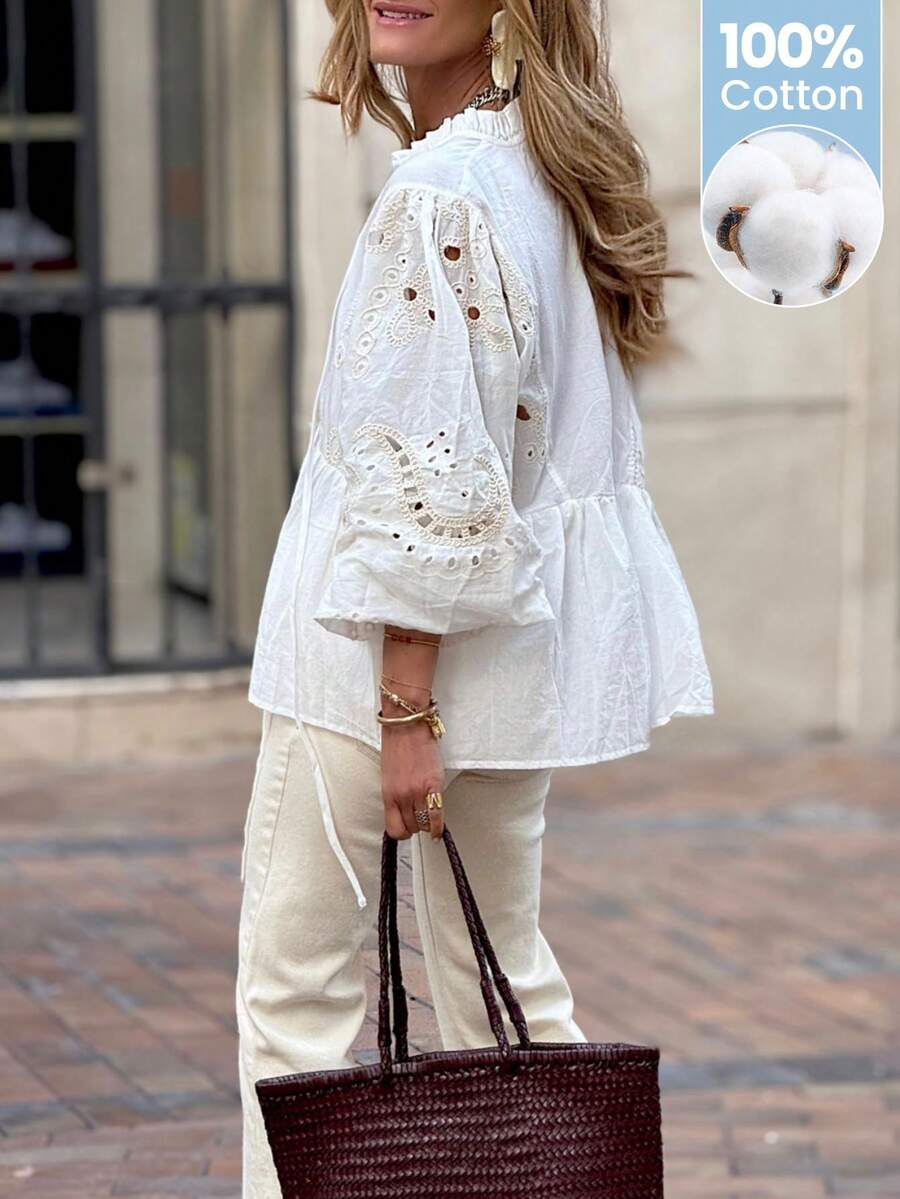 Solivie Women's White Embroidered Blouse, Elegant Holiday Doll Shirt - White - View 1