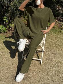 SHEIN EZwear 2件套休闲宽松纯色落肩短袖圆领加大码 - 軍綠色 - 查看 5