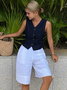 DAZY 女士V领无袖修身短款休闲牛仔夹克外套 - 深色水洗藍 - 查看 5