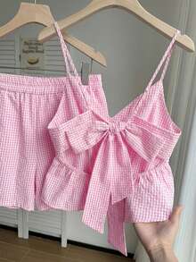 Comfortcana Rosa rutigt plusstorlek damlinne och shorts i 2-delat set - Rosa - Visa 4