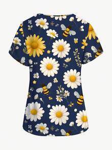 PopScrub Blusa de uniforme de talla grande, blusa con estampado de flores silvestres y abejas, camisa con bolsillo fresca, camisa de manga corta con cuello en V para uso femenino, Halloween - Multicolor - Ver 2