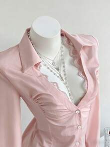 Elamini 性感深V领蕾丝领修身长袖衬衫 - 淺粉色 - 查看 5