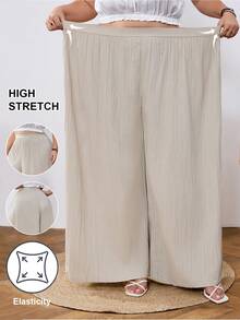 SHEIN CURVE+ Curve 尺码 US22 音乐节、海滨度假、波西米亚风女士夏季宽松纹理休闲度假阔腿裤 - 卡其色 - 查看 10