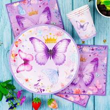 Juego desechable de platos, servilletas y vasos de papel con corona de mariposa morada, sirve para 24 invitados. Este juego de vajilla desechable de papel es adecuado para cumpleaños, bodas, fiestas temáticas y picnics familiares. - Ver 5