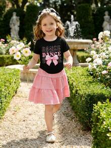 SHEIN Playful Pals 2件組少女可愛花卉女孩剪影印花夏季上衣與粉色裙子，生日穿搭OOTD女孩春季服裝套裝，3至4歲 - 黑色 - 查看 9