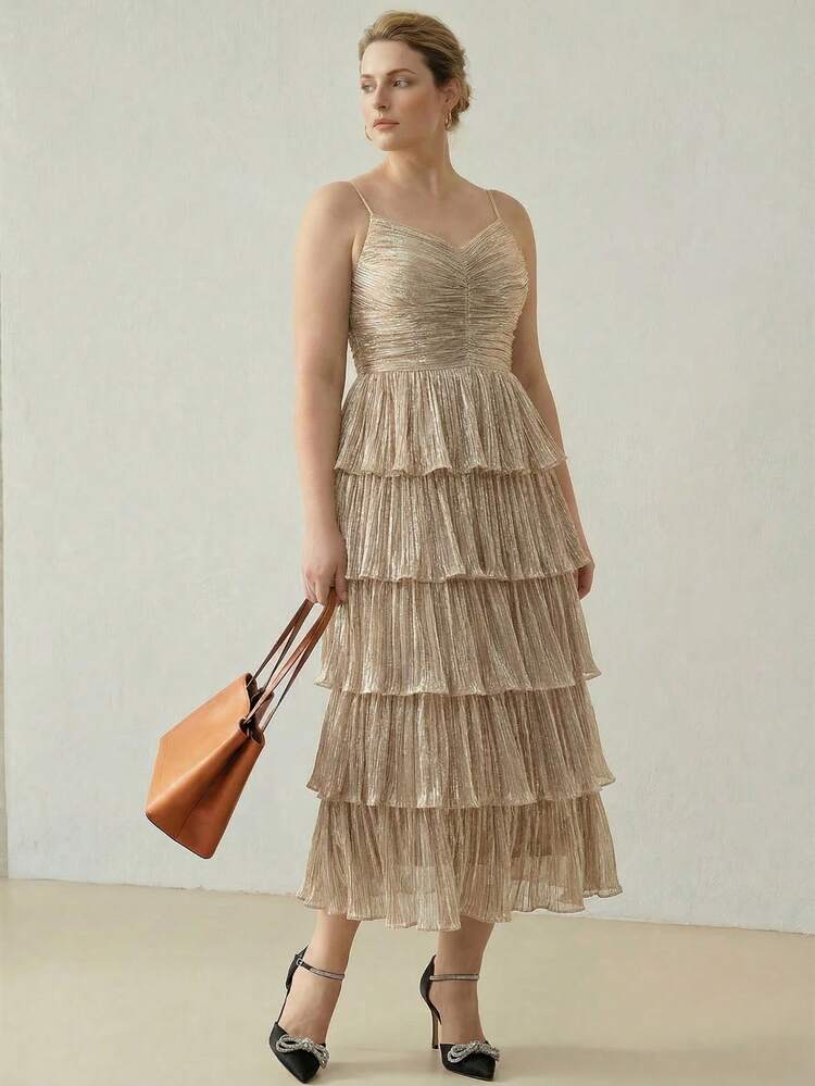 PLUS SIZE PLEATED METALLIC SHINY ELEGANT CAKE DRESS, SPRING/SUMMER