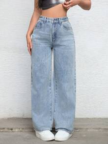 SHEIN PETITE Women's High Waist Pockets Wide Leg Loose Casual Versatile Jeans - Light Wash - View 1