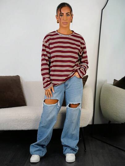 SAYEHFBABY Áo thun nữ tay dài dáng rộng, vai rớt, phong cách thường ngày, họa tiết sọc tương phản, thích hợp cho đi làm, mùa Xuân/Thu.