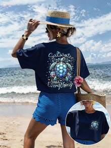 DrmWander Plus Size Casual Turtle Print Short Sleeve T-Shirt - Navy Blue - View 1