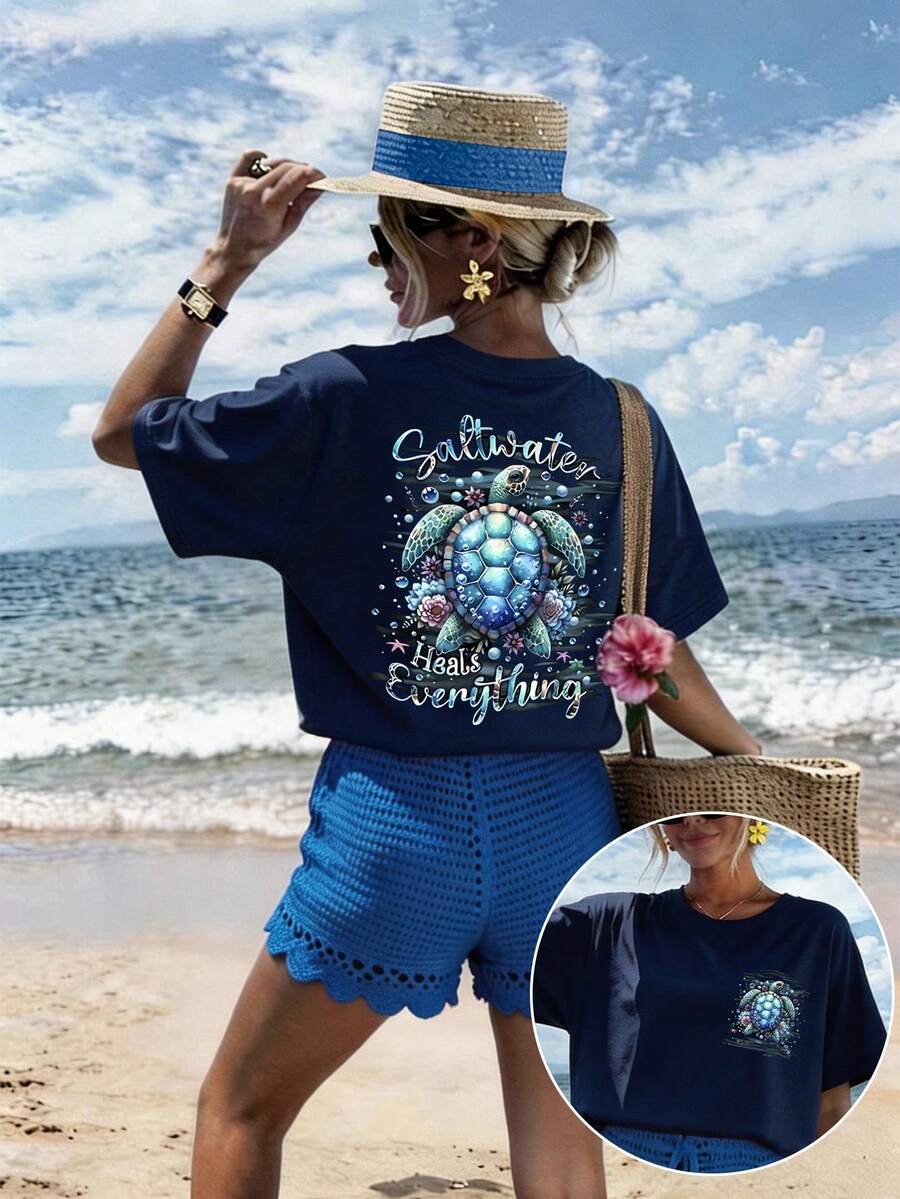 DrmWander Plus Size Casual Turtle Print Short Sleeve T-Shirt - Navy Blue - View 1