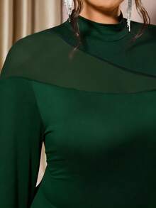 Cravure Elegant Spring/Autumn Stand Collar Long Sleeve Fitted Black Plus Size Women Dress - Dark Green - View 4