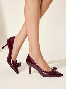 CUCCOO CHICEST 女士尖头蝴蝶结装饰日常百搭时尚高跟鞋 - 酒紅色 - 查看 8