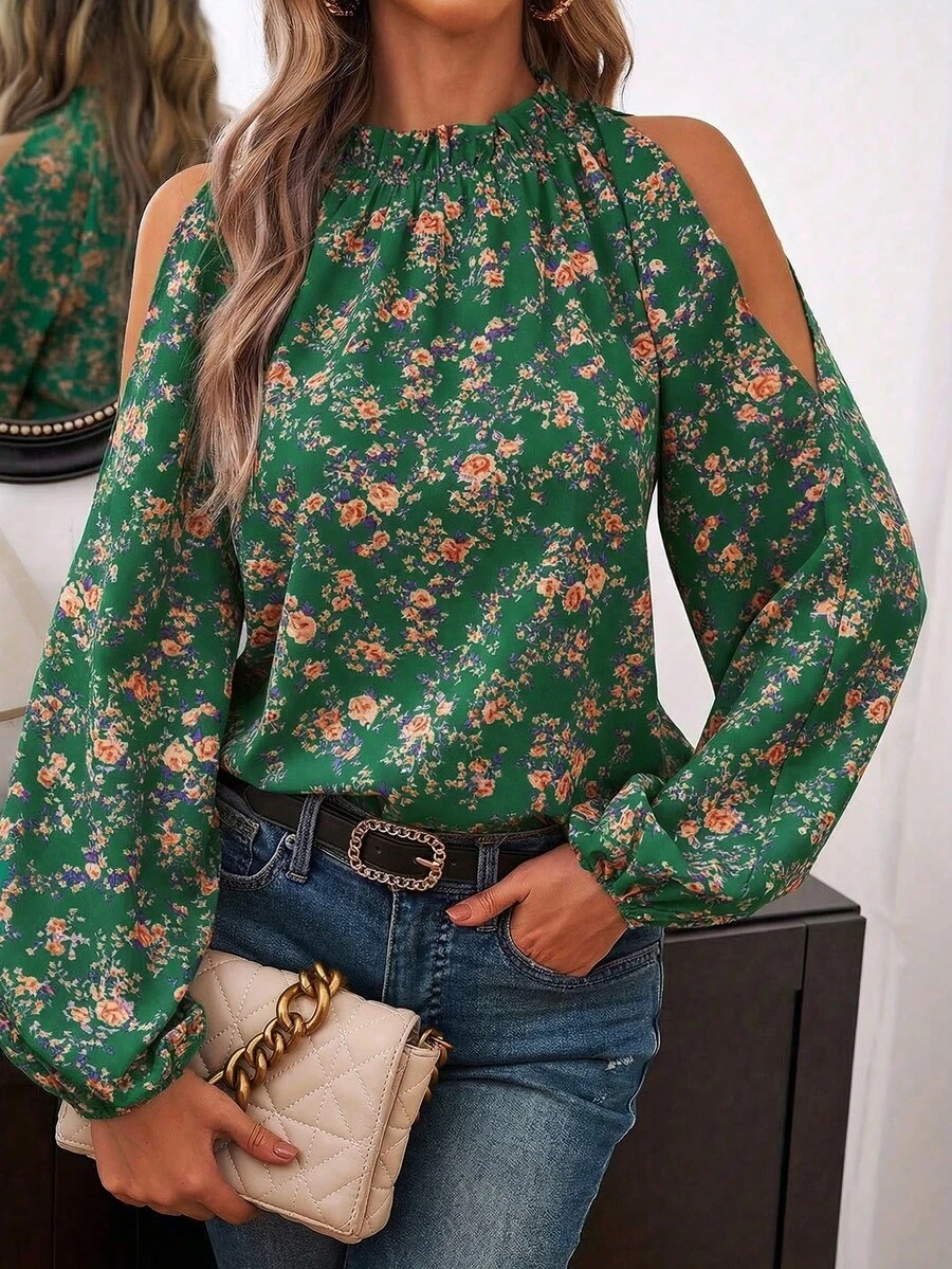 EMERY ROSE Blusa de moda con estampado floral y hombros descubiertos de manga larga para mujer - Verde - Ver 1
