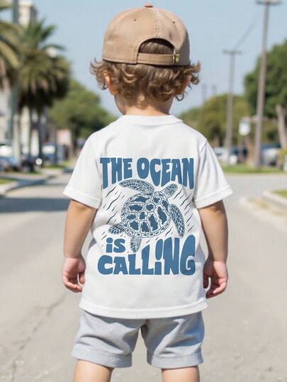 SHEIN Baby Boy Casual Cartoon Print Short Sleeve Crew Neck Top, Suitable For Summer