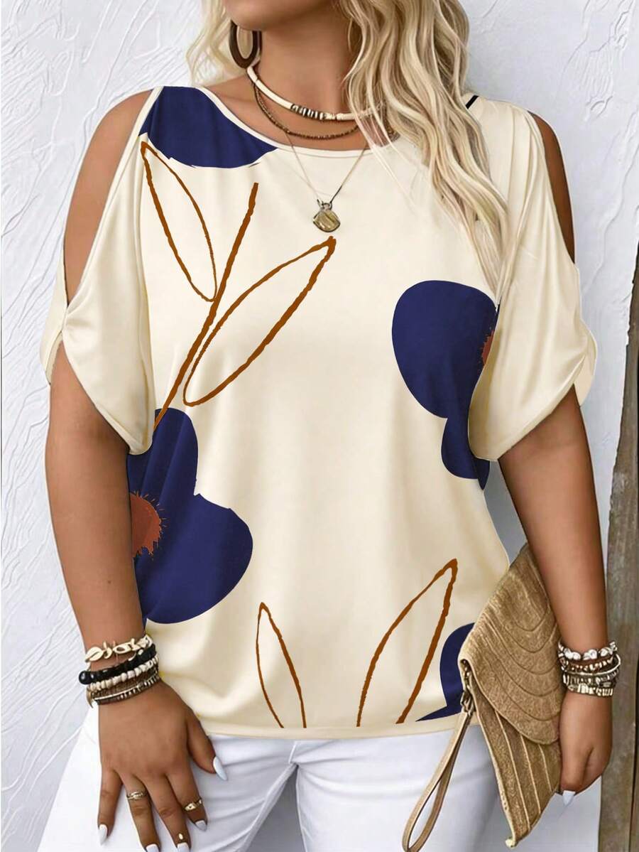 Breezaya 大码度假风植物印花露肩T恤，适合休闲场合，女士上衣 - 彩色 - 查看 1