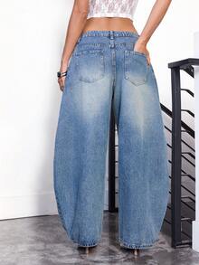 Women's Pocket Flared Casual Loose Fit Jeans - Blue - View 4