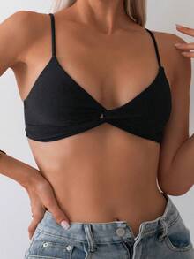 Swim Basics Women's Black Summer Beach Party Spaghetti Strap Bikini Set,Solid Color Triangle Panty Swimsuit,Push Up Bathing Suit Tops With Built In Bra 2 Pieces - Black - View 6