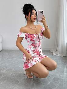 Selianne 复古碎花露肩荷叶边吊带连衣裙，修身A字迷你连衣裙，优雅性感法式风露背碎花吊带连衣裙，收腰包臀连衣裙，适合约会、度假、通勤、海滩等各种场合，打造夏日海滩时尚造型。 - 粉色 - 查看 3