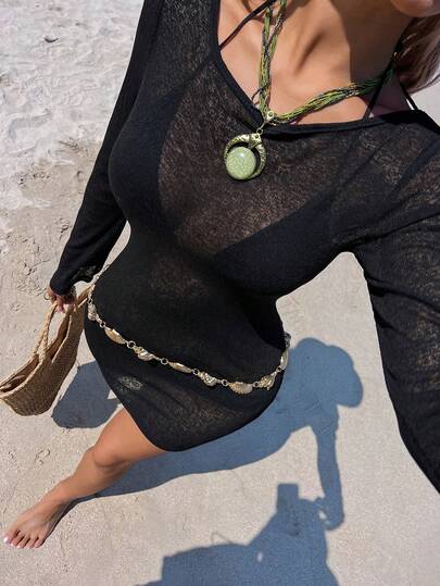 Livesso Dames strandjurk met ronde hals, lange mouwen en open rug, sexy en casual.
