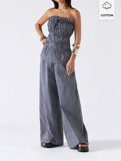 LYSMO Conjunto de 2 piezas de top bandeau y pantalones a cuadros casuales para mujer, de verano