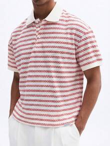 SUMWON Camisa polo de manga corta a rayas para hombre con botones y cuello clásico para uso casual en verano - Rojo - Ver 6