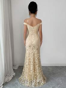 SHEIN Elenzya 女士优雅网纱亮片露肩修身美人鱼连衣裙 - 杏色 - 查看 2