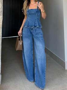 DAZY Bộ đồ nữ đơn sắc tối giản gồm áo hai dây và quần jeans, thích hợp mặc hàng ngày. - Màu xanh lam - Xem 8