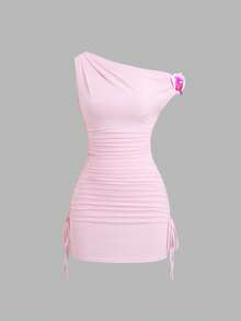 Sweetra French Romantic Pink Floral Asymmetrical Shoulder Tie-Up Bodycon Ruched Slim Fit Versatile Sexy Lady Dress - Pink - View 2