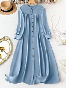 EMERY ROSE Plus Size Solid Color Front Buttoned Long Sleeve Dress, For Christmas Maxi Women Outfit Fall - Dusty Blue - View 1