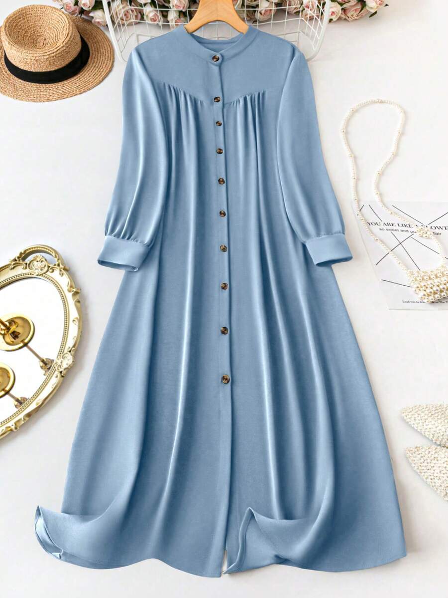 EMERY ROSE Plus Size Solid Color Front Buttoned Long Sleeve Dress, For Christmas Maxi Women Outfit Fall - Dusty Blue - View 1