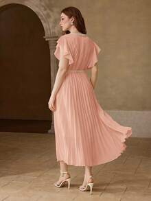 MOTF PREMIUM WOMEN'S ELEGANT DATE PLEATED RHINESTONE TRIM SHORT SLEEVE LONG DRESS, SPRING/SUMMER - Pink - View 3