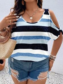 SHEIN LUNE Áo thun ngắn tay hở vai phối màu kẻ sọc cỡ lớn, áo thun mùa hè in hình, áo kẻ sọc cho nữ, áo mùa hè cho nữ, áo hở vai, áo thường ngày mùa hè. - Nhiều màu - Xem 4