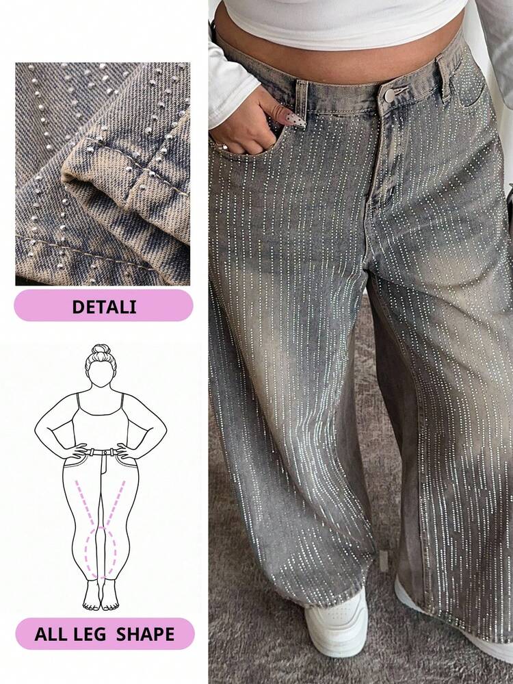 Dazy Plus Plus Size Women Elastic Waist Rhinestone Decor Striped Loose Straight Leg Long Jeans, Suitable For All Seasons, Party Wear
