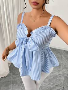 GlowEve CURVE 大码束腰宽松条纹休闲女式吊带背心，春夏款 - 藍白色 - 查看 4
