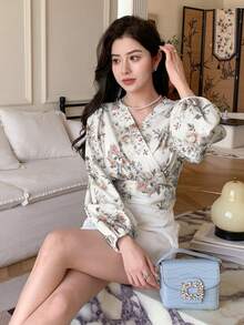 DAZY 女士雪纺印花长袖V领衬衫夏季波西米亚风度假装扮 - 粉色 - 查看 6
