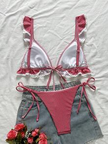 Swim Mod 女士甜美可爱格子印花荷叶边白色蕾丝比基尼上衣和侧系带三角泳裤休闲沙滩度假泳装套装女士度假套装 - 紅色 - 查看 2