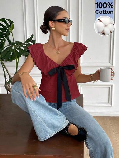 Serisse Women's Ruffle Hem Bow Decor Fashion Blouse
