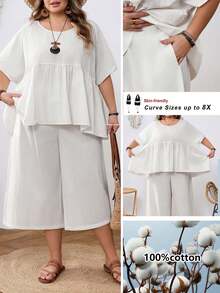 SHEIN CURVE+ Curve 尺码 US22 音乐节、海滨度假、波西米亚风两件套女式娃娃衫和七分裤，棉质面料 - 白色 - 查看 12