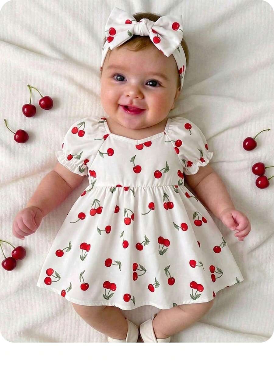 SHEIN Newborn Baby Girl Casual Cute Cherry Print Short Sleeve Dress - White - View 1