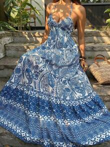 Sunnyshic Vestido Retrô com Estampa Floral Azul, Decote em V, Halter, Costas Abertas, Babado na Barra, Modelo Evasê, Vestido Feminino Elegante, Casual e Versátil para Primavera/Verão, Férias e Praia, Estilo Boho - Azul - Visão 3