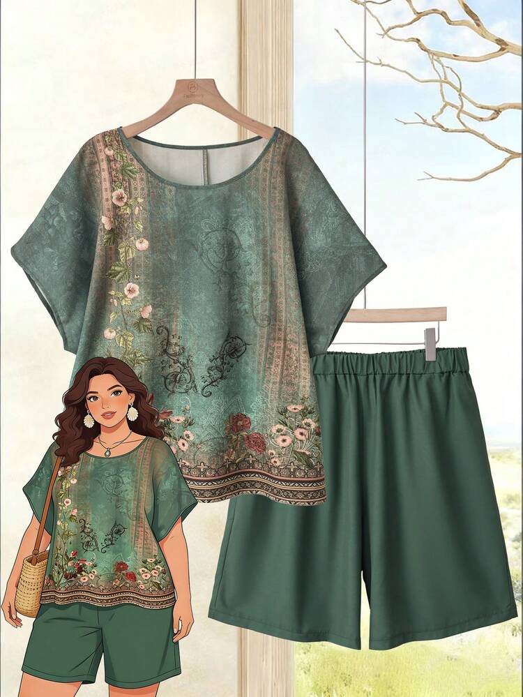 Plus Size Women Floral Print Short Sleeve Top And Shorts 2 Piece Casual Set\Summer\Vacation Summer Outfits Summer Clothes  Spring  Spring Outfit Women Spring Clothes Country Style For Women Vacation Outfits Women Women's Summer Set