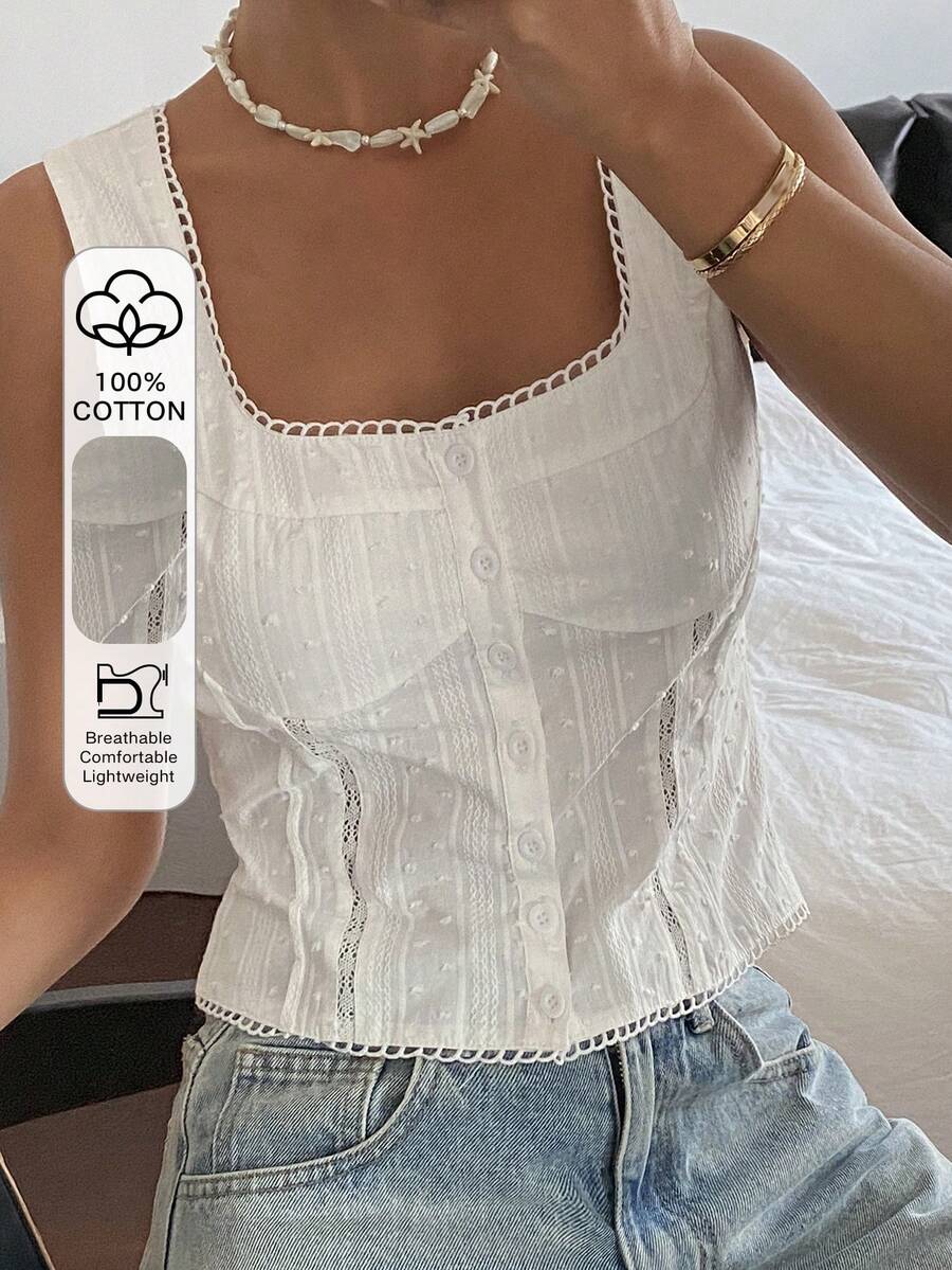 Strévra Casual Vacation Style Textured Striped Sleeveless Open Front Cropped Top, White, For Spring & Summer Babydoll Top - White - View 1