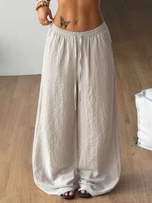 Coolane 卡其色梭织女式抽绳腰阔腿宽松裤 - 卡其色 - 查看 6