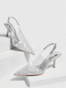 CUCCOO SZL Spitz zulaufende Riemchen High Heel Sandalen, transparent silberne Glas-Strass-Verzierung, formelle Abend- Braut- Hochzeitsfeier Schuhe - Silber - Übersicht 2