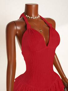Mistrie Mono ajustado de mujer con cuello halter, lazo y volante en el bajo - Rojo - Ver 5