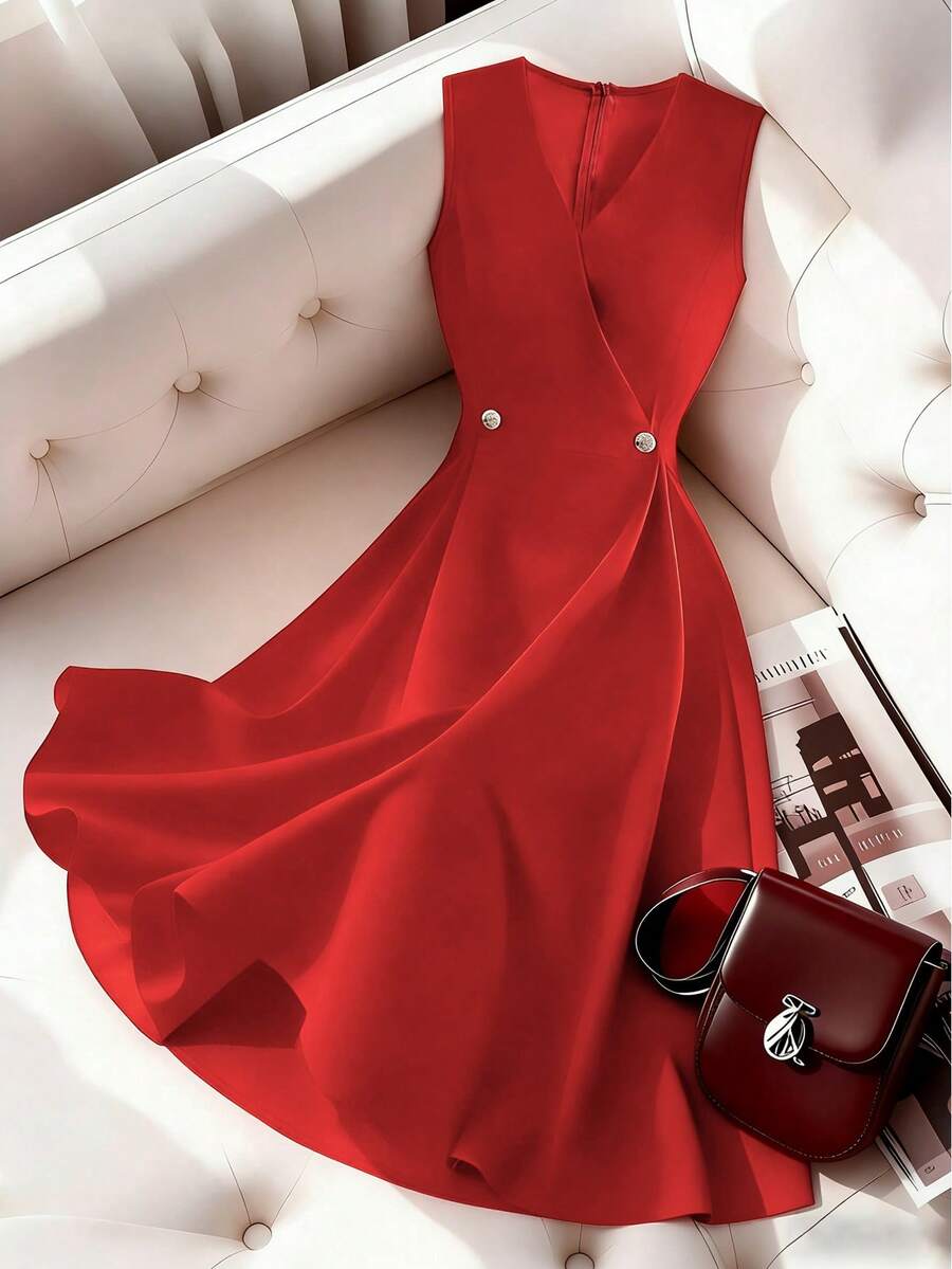 Franclia Nuevo vestido de oficina sin mangas de estilo francés en color rojo, vestido casual de verano, vestido de unicolor para ocasiones formales, vestido elegante, vestido versátil para mujeres, vestido de verano para mujeres, vestido elegante para mujeres, ropa de oficina, vestido elegante para fiestas, adecuado para ocasiones casuales, de fiesta, de viaje y otras. Vestido elegante rojo, vestido acampanado rojo, vestido de invitada de boda rojo, vestido sin mangas, vestido de cuello en V, vestido de moda, vestido elegante, vestido formal, vestidos para mujeres, vestido de mujer, vestido rojo, vestido formal, ropa de alta calidad - Rojo - Ver 1