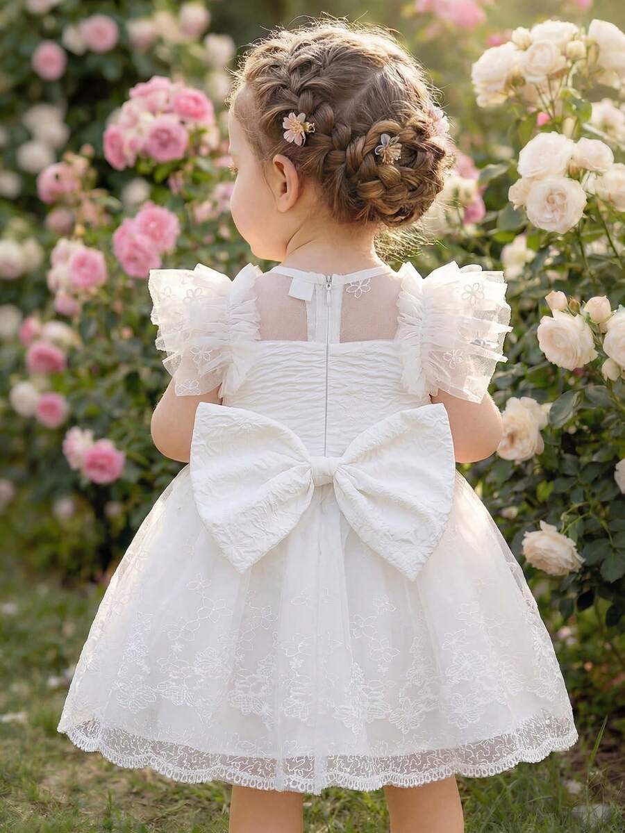 Baby Girl Elegant Textured Mesh Patchwork Ruffle Hem Princess Dress - White - View 1